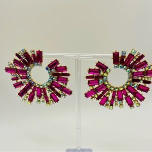 Hot Pink Rhinestone Crystal Sunburst Statement Earrings. Bling. Sparkly. Pierced